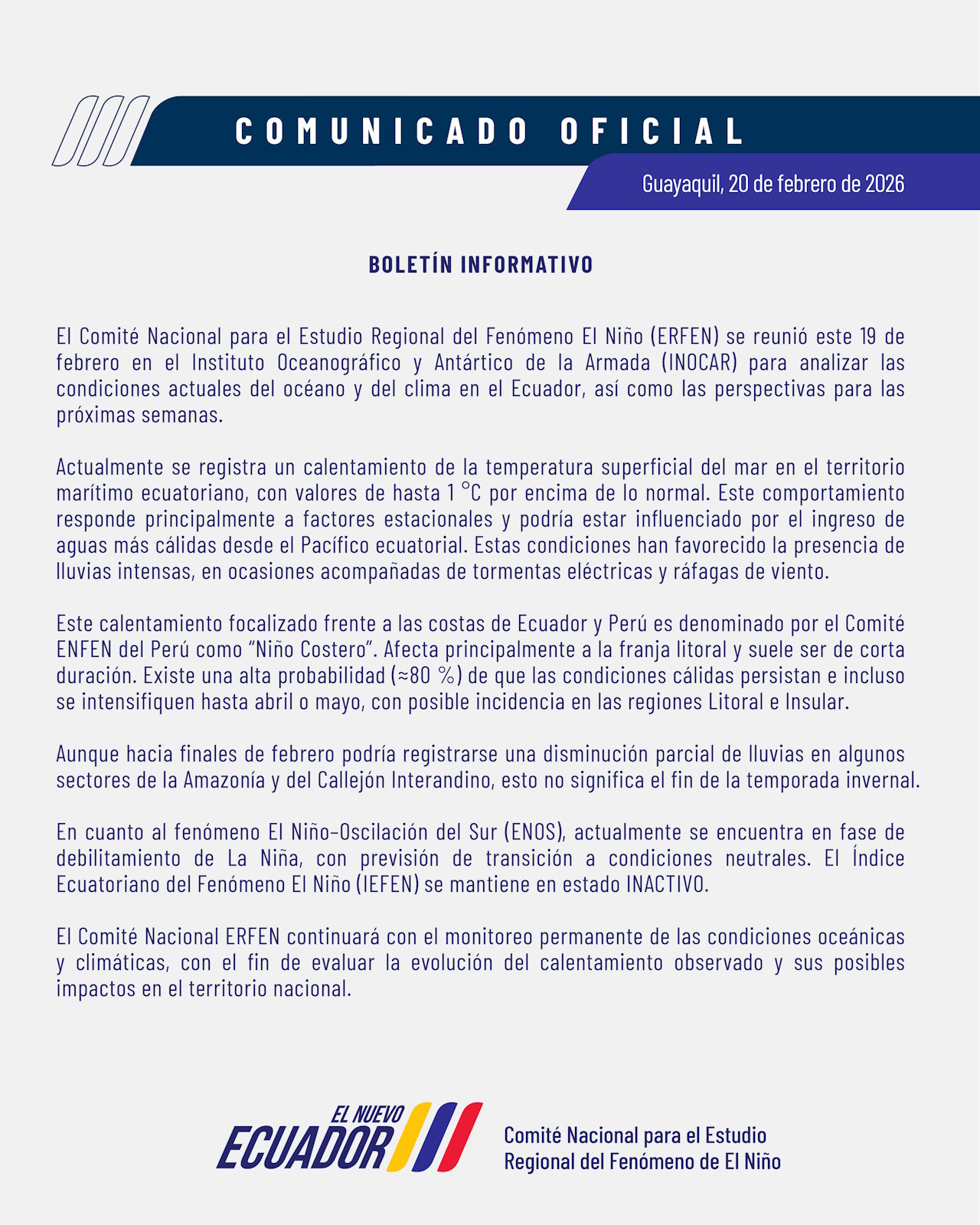 Boletín informativo ERFEN - 19 de febrero de 2026