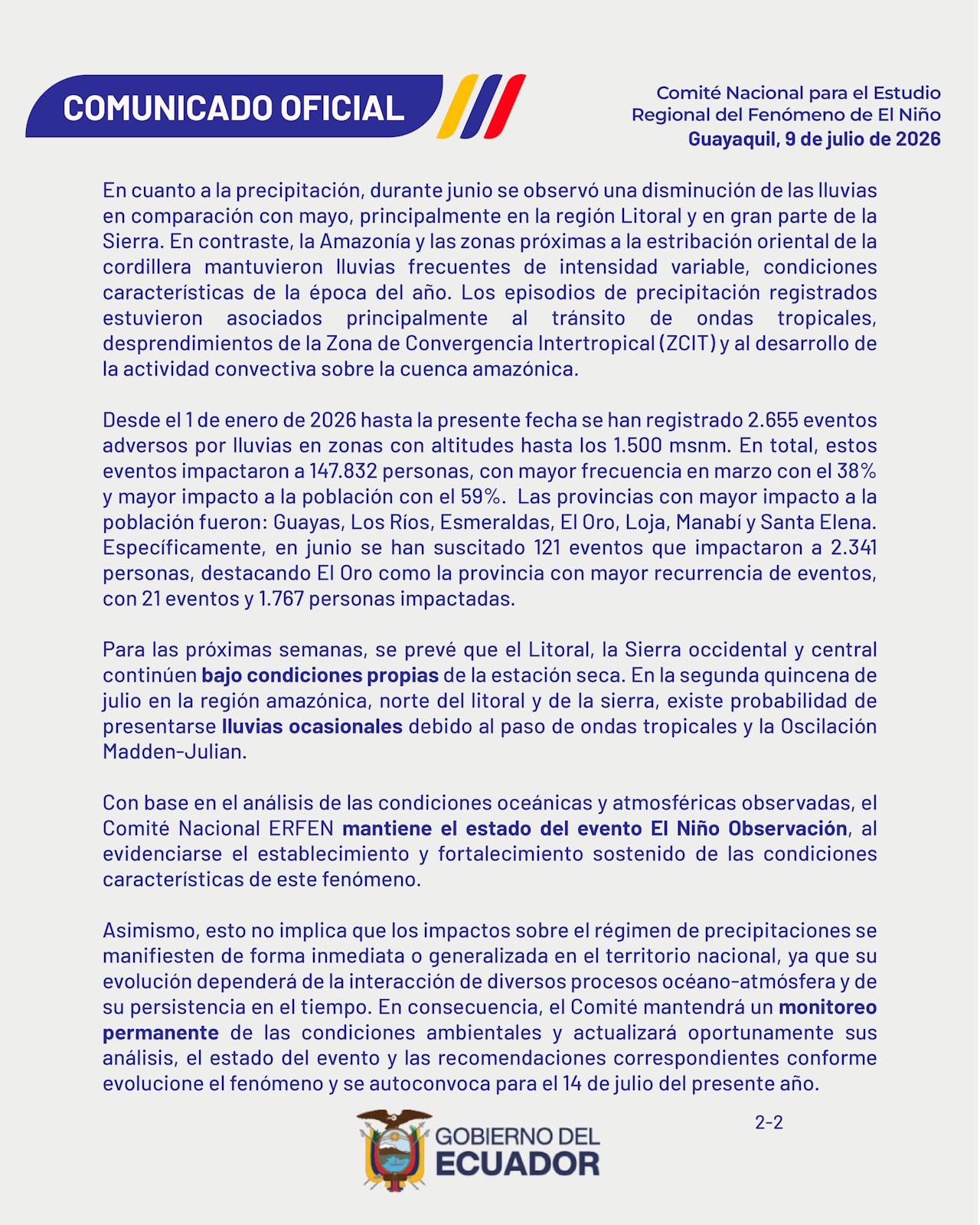 Boletín informativo ERFEN - 8 de julio de 2026