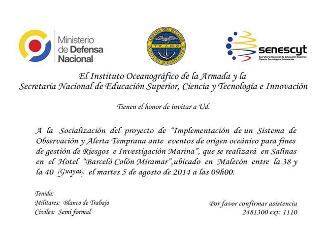 Personal técnico del Instituto Oceanográfico de la Armada socializará proyecto "Sistema de Observación y Alerta Temprana" en Salinas Personal técnico del Instituto Oceanográfico de la Armada socializará proyecto "Sistema de Observación y Alerta Temprana" en Salinas